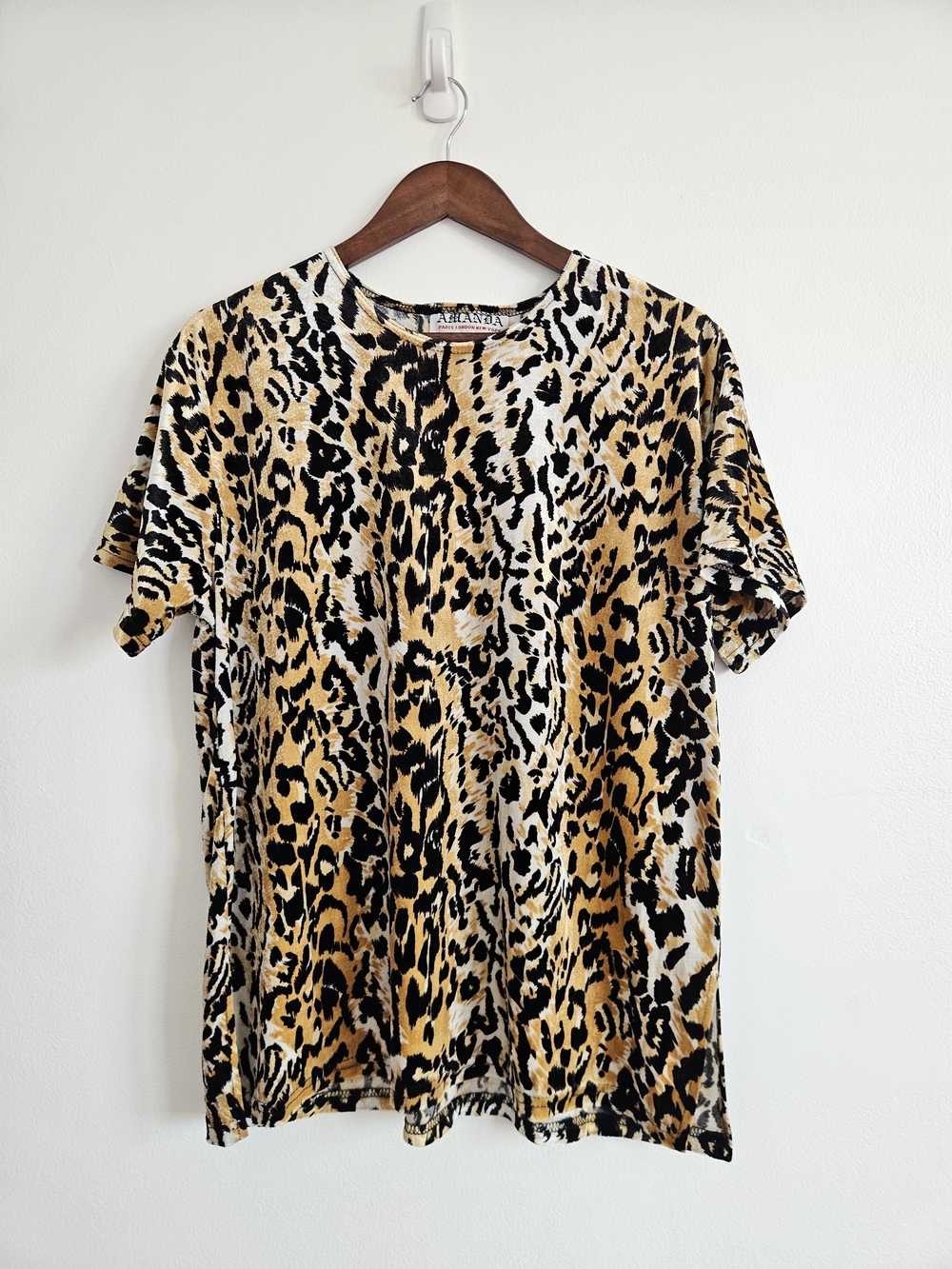 Vintage Amanda Paris London New York Cheetah Velour Blouse Top Short Sleeve XL